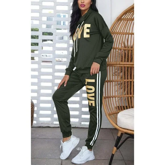 Stylish Women's Athleisure Set - Cowl Neck Hoodie & Elastic Waist Pants in Green